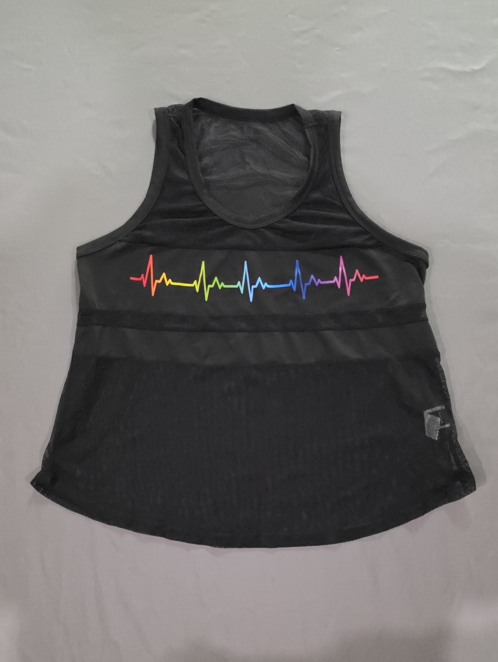 SHEIN Black Mesh Tank with Rainbow Heartbeat Graphic Size XL